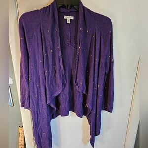 Cache Size Medium Purple Plum Open Front Cardigan 3/4 Sleeve Knit Studded
